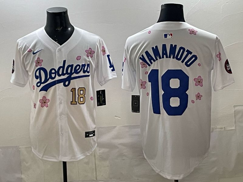 Men 2025 Los Angeles Dodgers #18 Yamamoto White Sakura Edition Nike MLB Jersey style 003